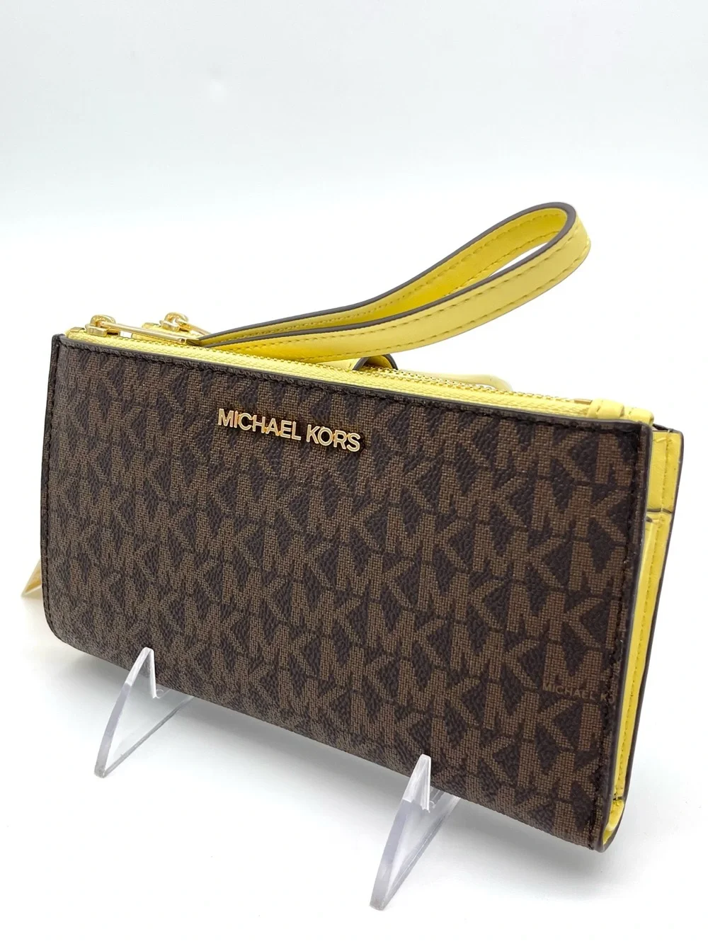 Michael Kors Large Double Zip Brown MK Logo Wristlet with Yellow Trim